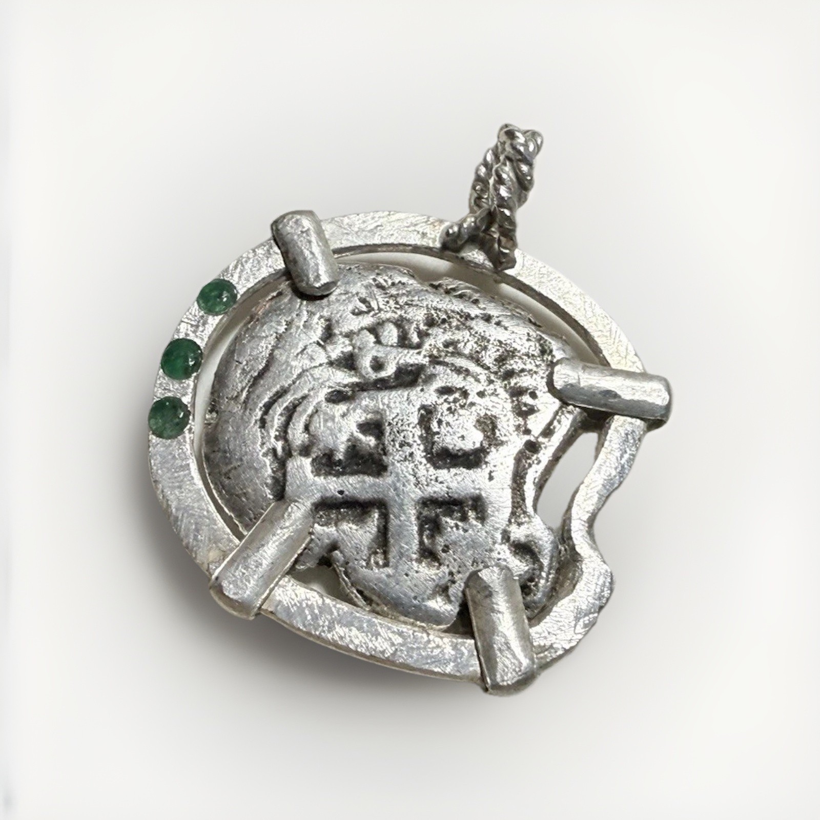 Authentic Spanish-Colonial 2-Reales Silver Shipwreck Cob Coin in Emerald Bezel