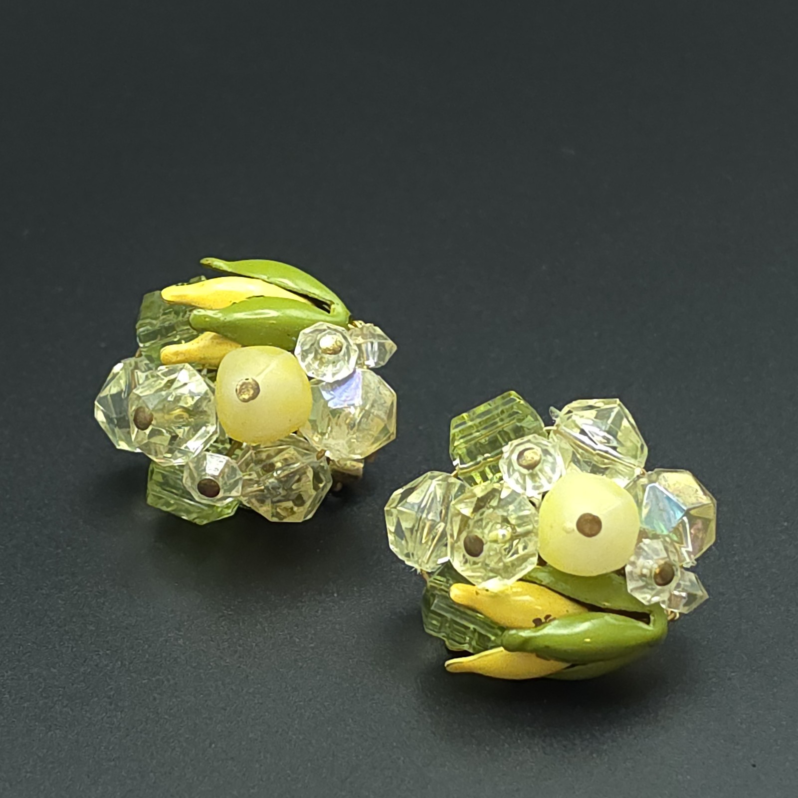 Vintage 1950s Western Germany Glass Lucite Cluster Clip On Earrings