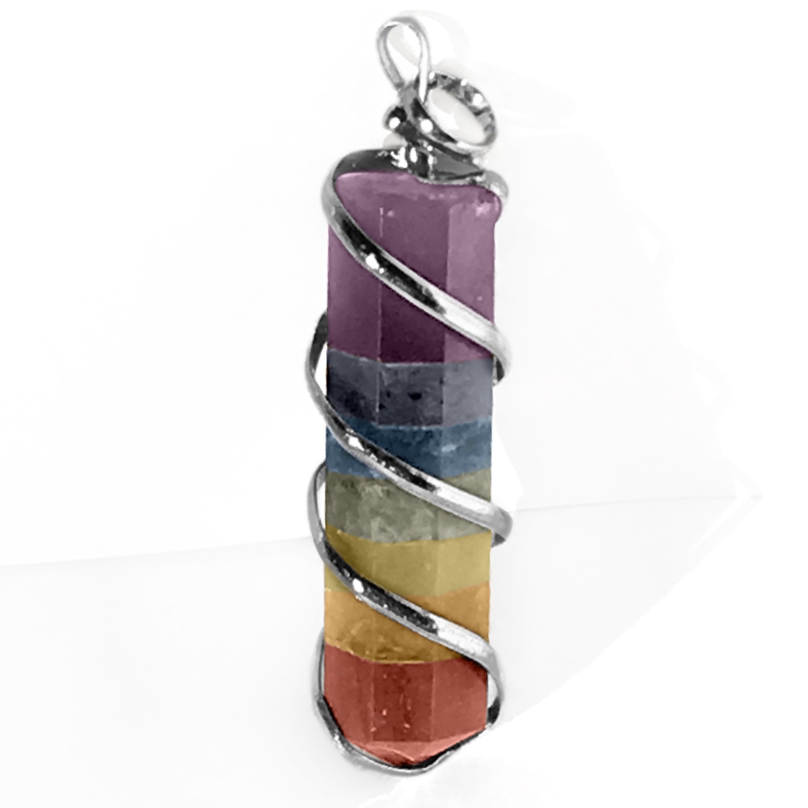 Rainbow Chakra Crystal Wire Wrap Silver Spiral Pendant Handmade Necklace CHARGED