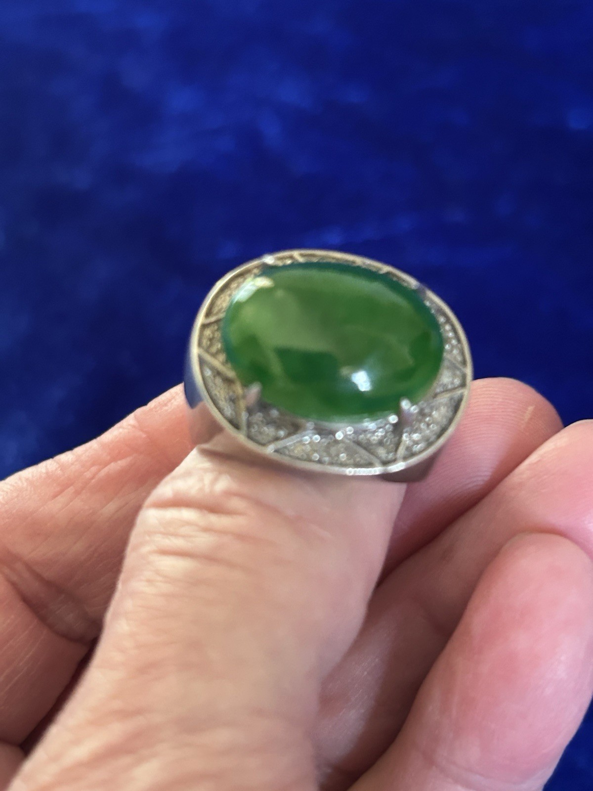 Vintage Estate 50’s Sterling &18k Green Jadeite Men’s Ring Size 9.75 Eyecatcher