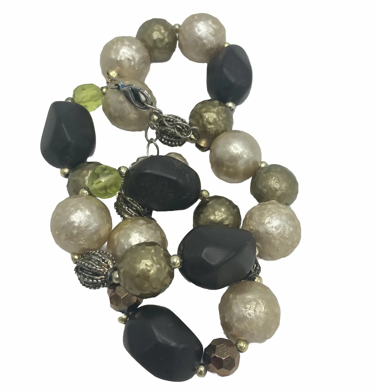 Green Brown Cream/ Champagne Color Textured Beaded 16” Single Strand Necklace