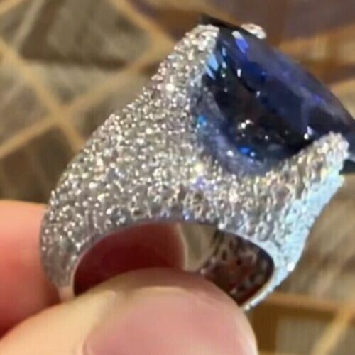 5Ct Cushion Lab Created Blue Sapphire Solitaire Men’s Ring 14K White Gold Plated