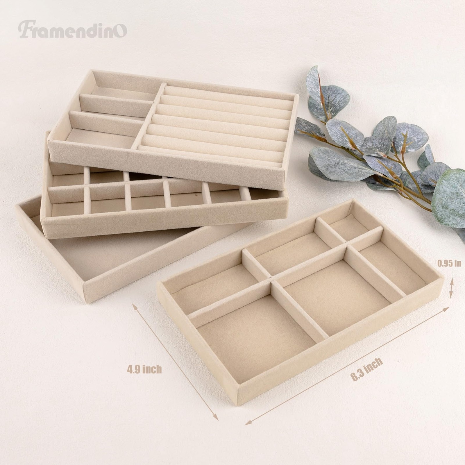 Framendino, 4 Pack Beige Velvet Jewelry Trays Stackable Organizer Drawer Inse…