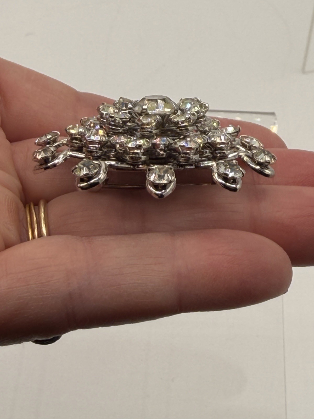 Vtg Sparkling Brooch Pin Snowflake Clear Rhinestones 1.75” Layered Silver Tone