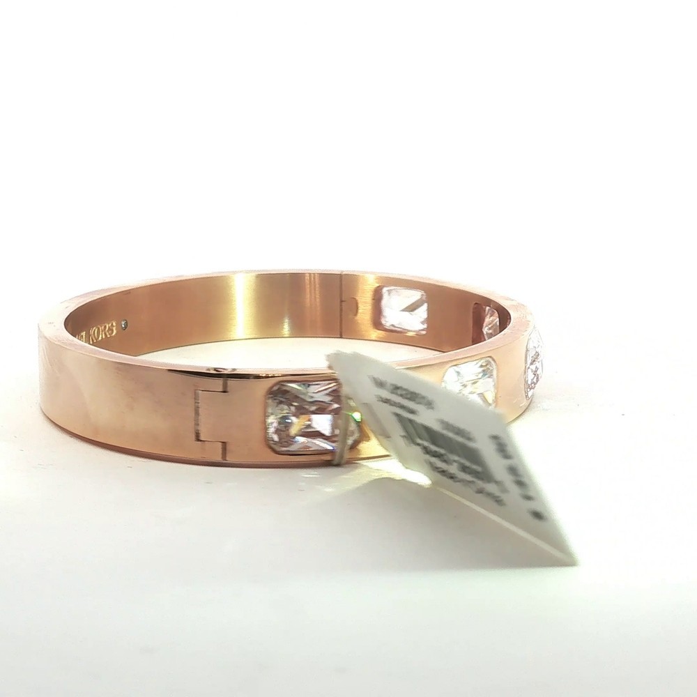 NWT Michael Kors Rose Gold Tone Crystal Bangle Bracelet Hinged MK Logo Gift