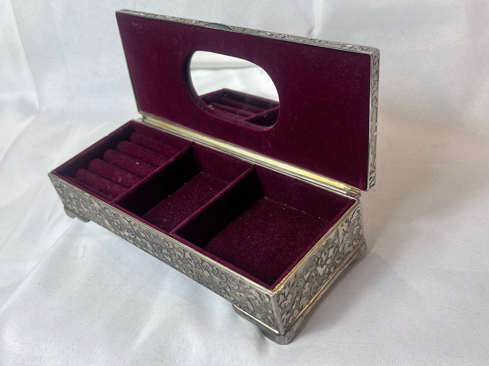 Vtg Silver Tone Jewelry Box Mirrored Dresser Vanity Table Top Lined Case