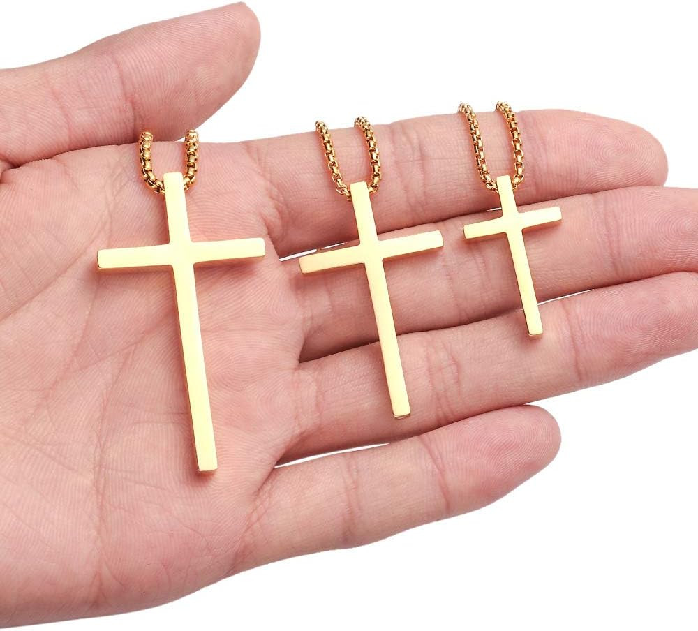 Cross Necklace for Men Teen Boys, Silver Black Gold Stainless Steel Plain Cross