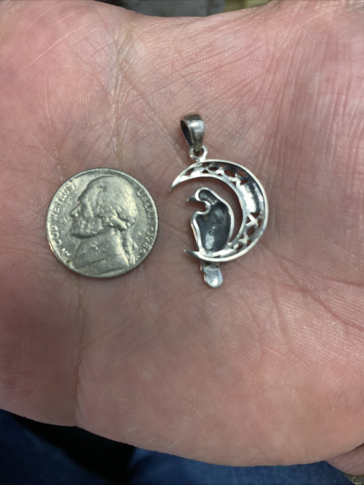 925 Sterling Silver Crescent Moon Raven Pendant