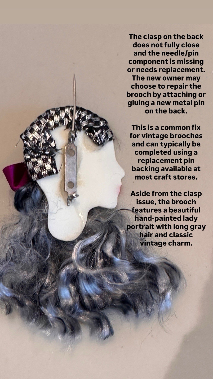 Lady Head Porcelain Brooch Hand Painted Long Gray Hair SEE DETAILS Repair Needed
