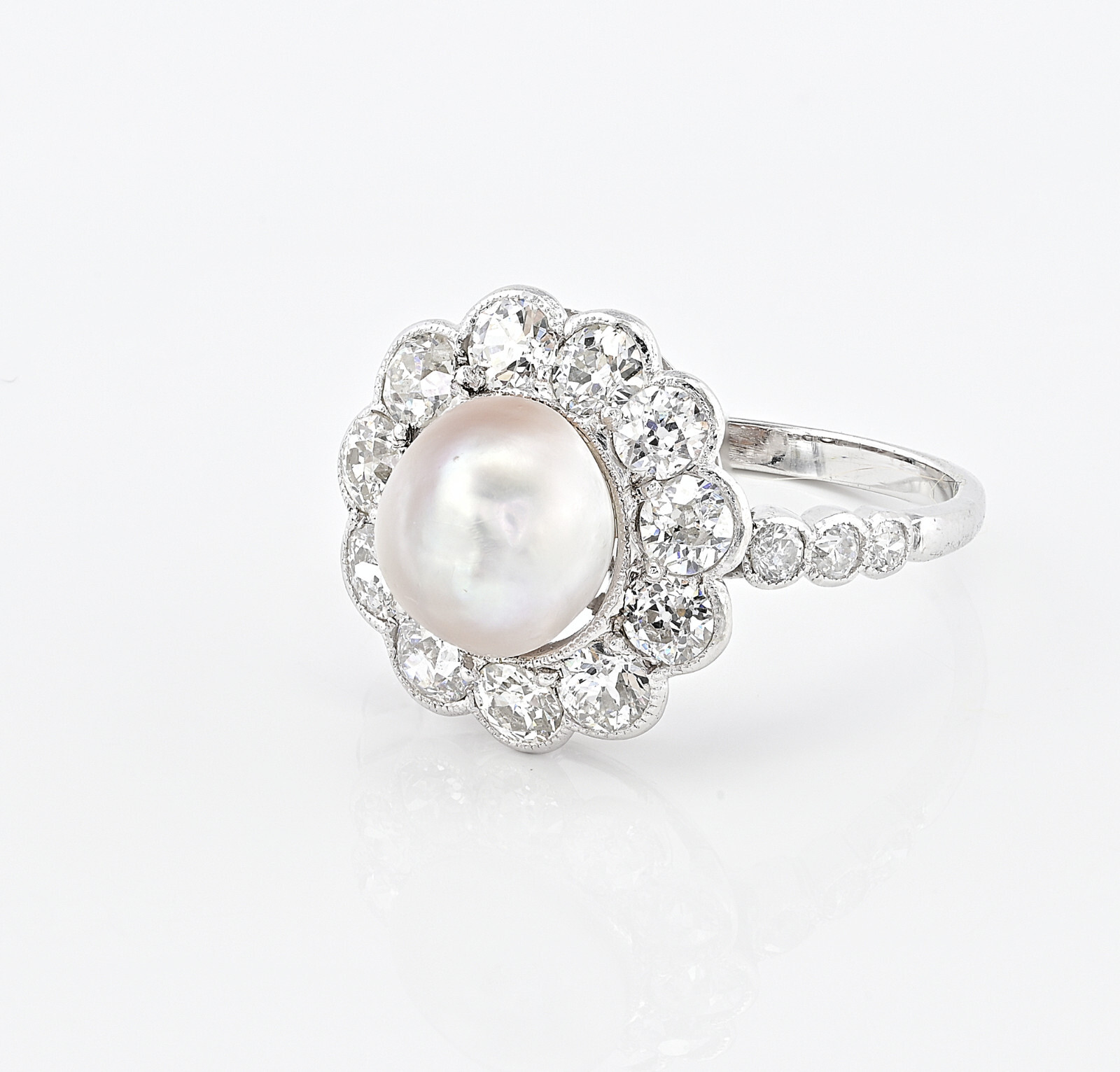 Edwardian Certified 8.5 mm. Natural Pearl 1.35 Ct Diamond Ring