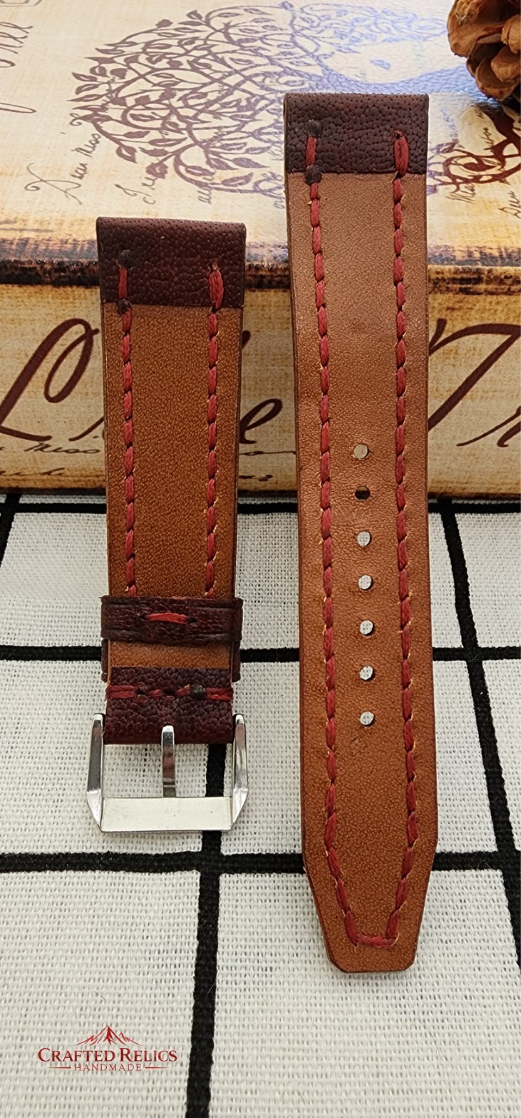 20mm Handmade Burgundy Italian Waxed Leather Watch Strap Red Stitch 20-18