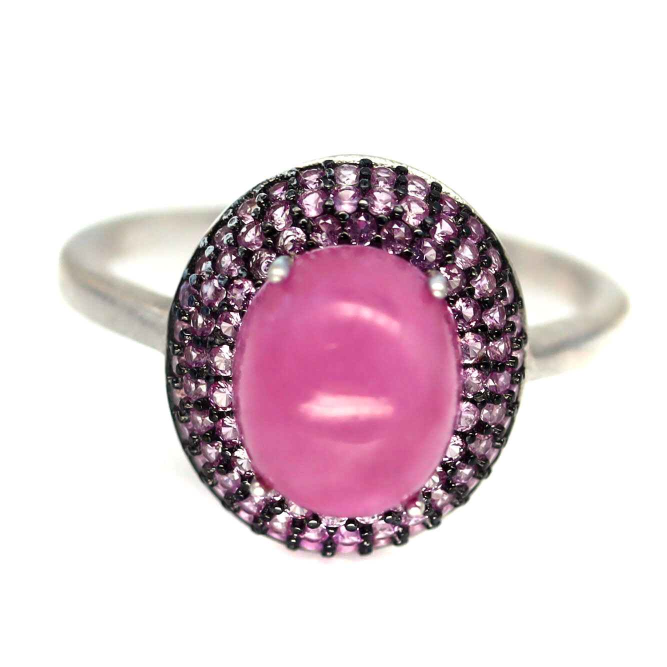 Large Pink Ruby Cabochon Ring Sapphire Halo 925 Silver Statement Size 9