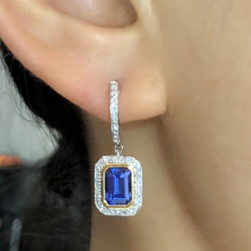 Natural Blue Tanzanite Diamond Leveback Dangle Earrings Solid 14K Gold Jewelry