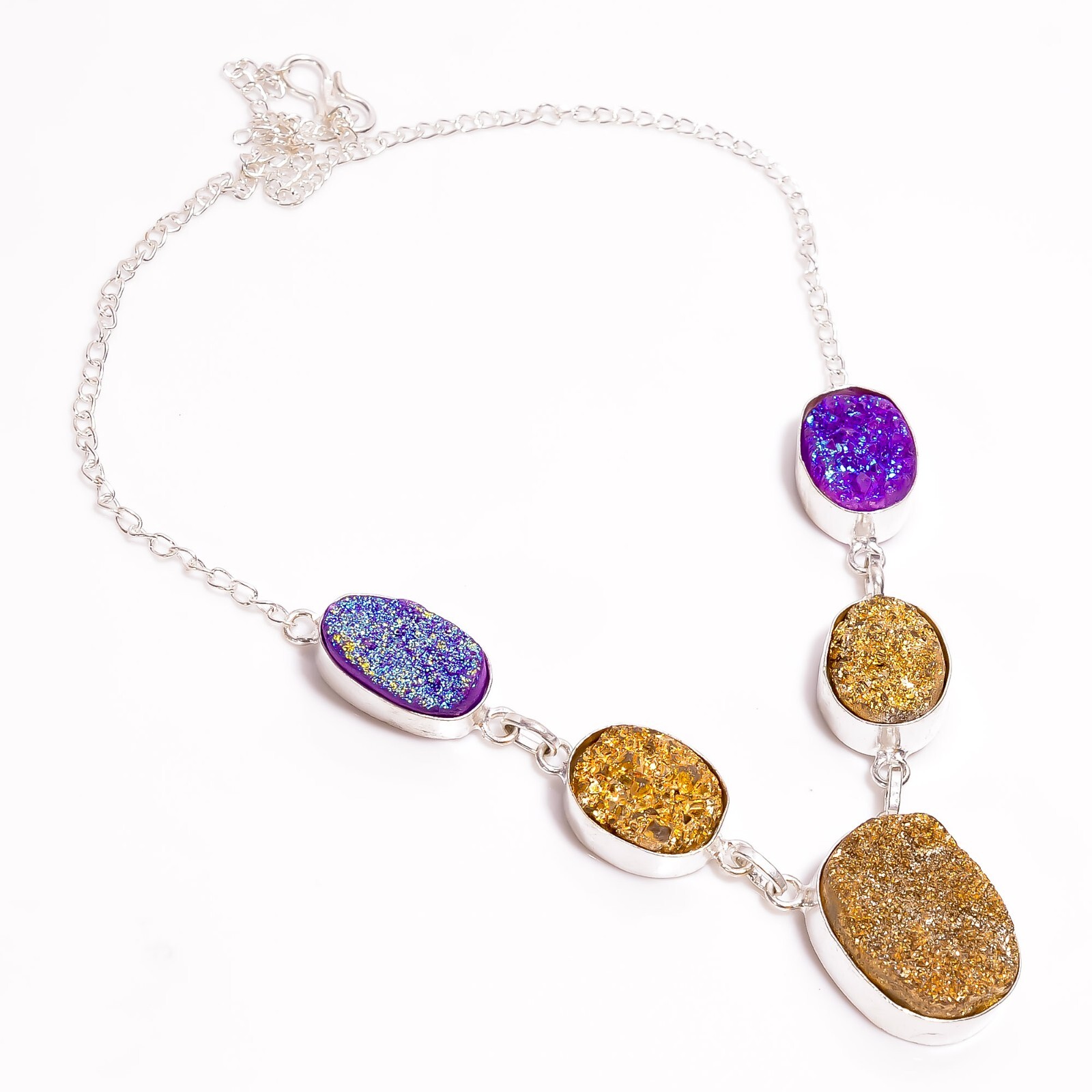Womens day Sale Natural Multi Titanium Druzy Chain Hook Wife Necklace 925 Silver