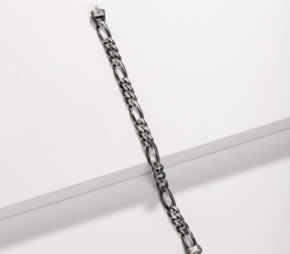 925 Sterling Silver Mens Figaro Solid Chain Necklace Italy, Gunmetal Titanium