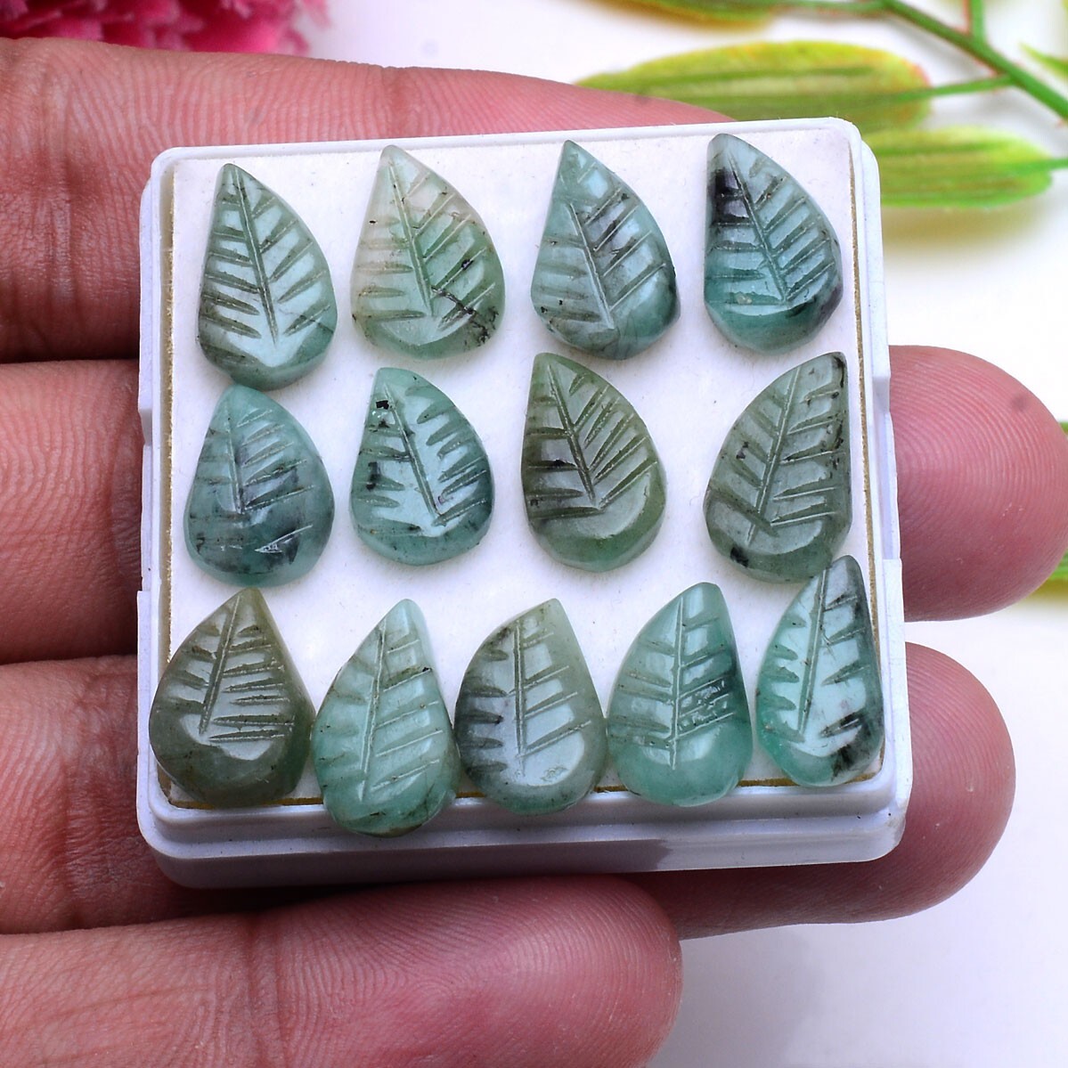 13 Pcs Natural Emerald Untreated 11mm-14mm Leaf Hand Carving Huge Gemstones Lot