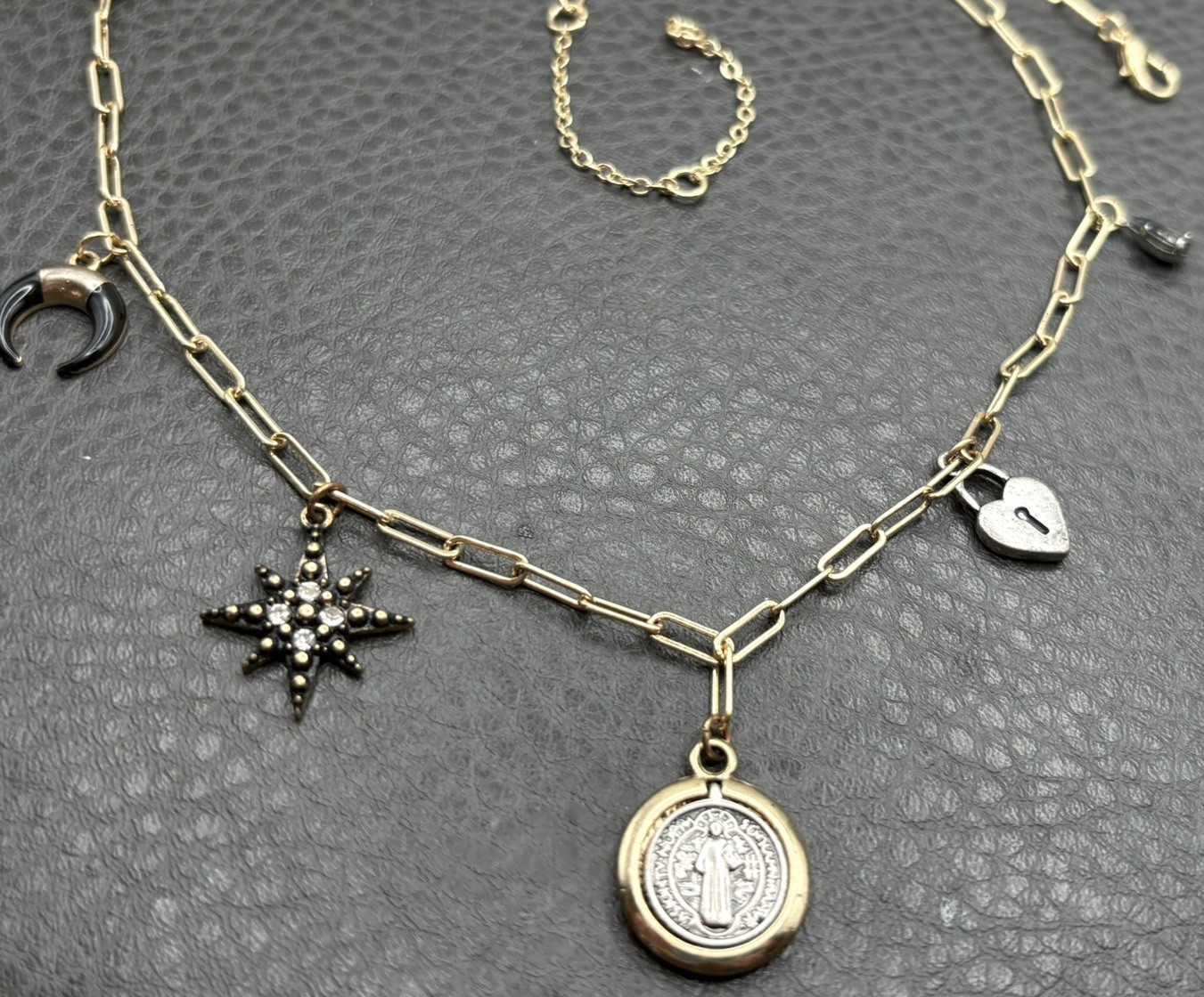 Saint Medal Celestial Moon Star Heart Lock Charm Necklace Catholic Pendant Chain