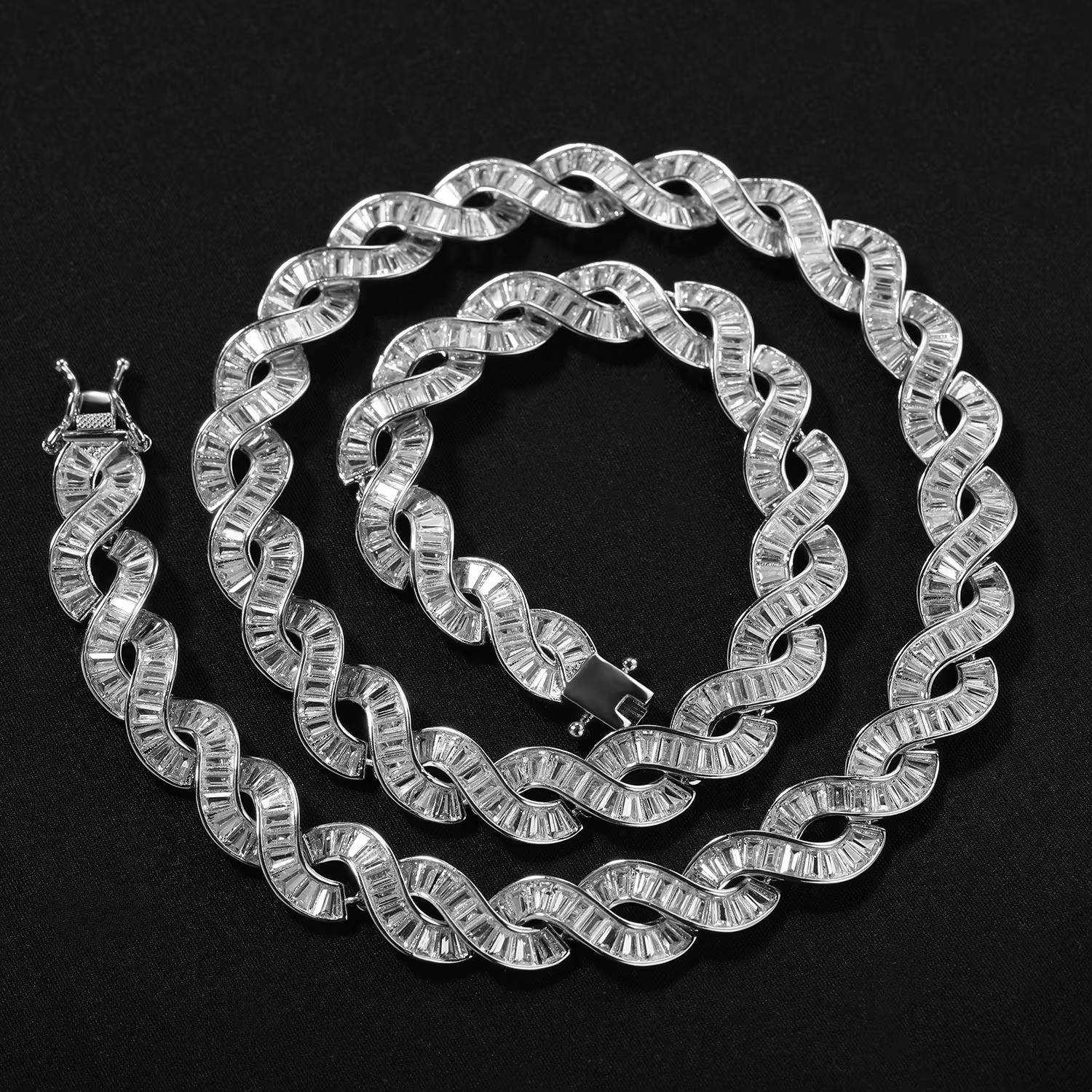 5AAA+ CZ Ice Out Hop Hip Baguette DNA Chain Twist Link Infinity Wrapped Chain