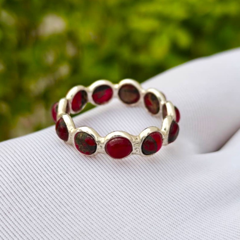 Handmade Red Copper Turquoise Sterling Silver Full Eternity Band Ring