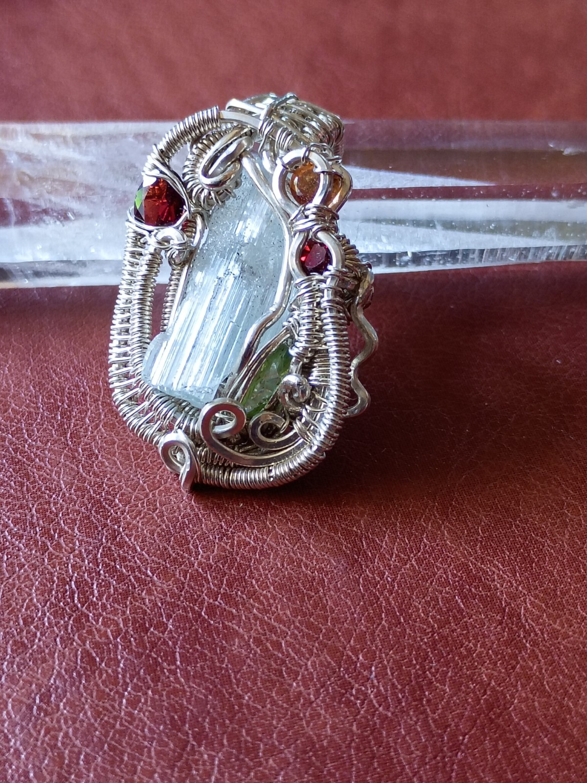 Handcrafted Wire Wrapped Aquamarine Crystal Sterling Silver Amulet Pendant