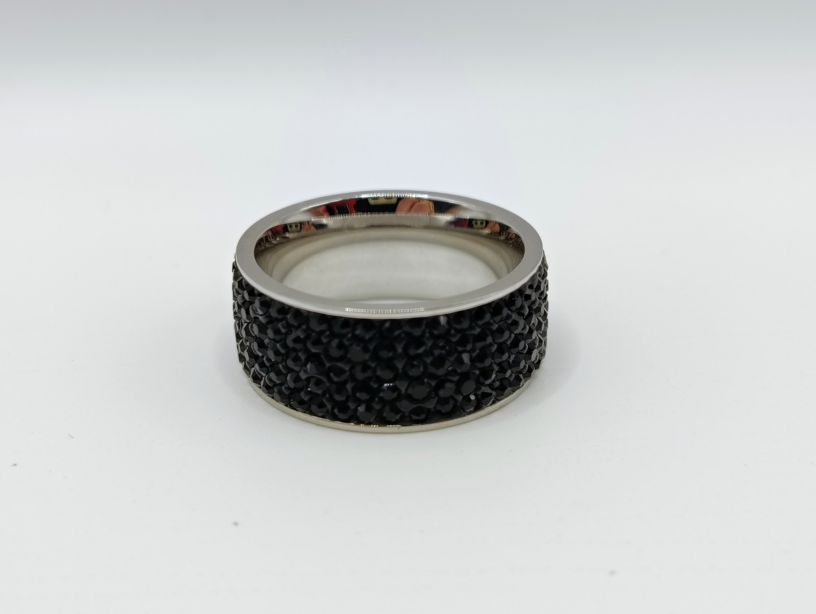 Black Crystal Pave Stainless Steel Band Ring Wide Sparkle Fashion Size 10.5