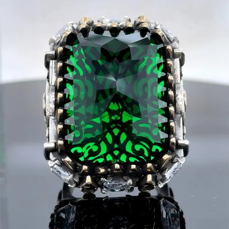 Solid 925 Turkish Handmade Green Emerald Ring Large Men Statement Jewelry