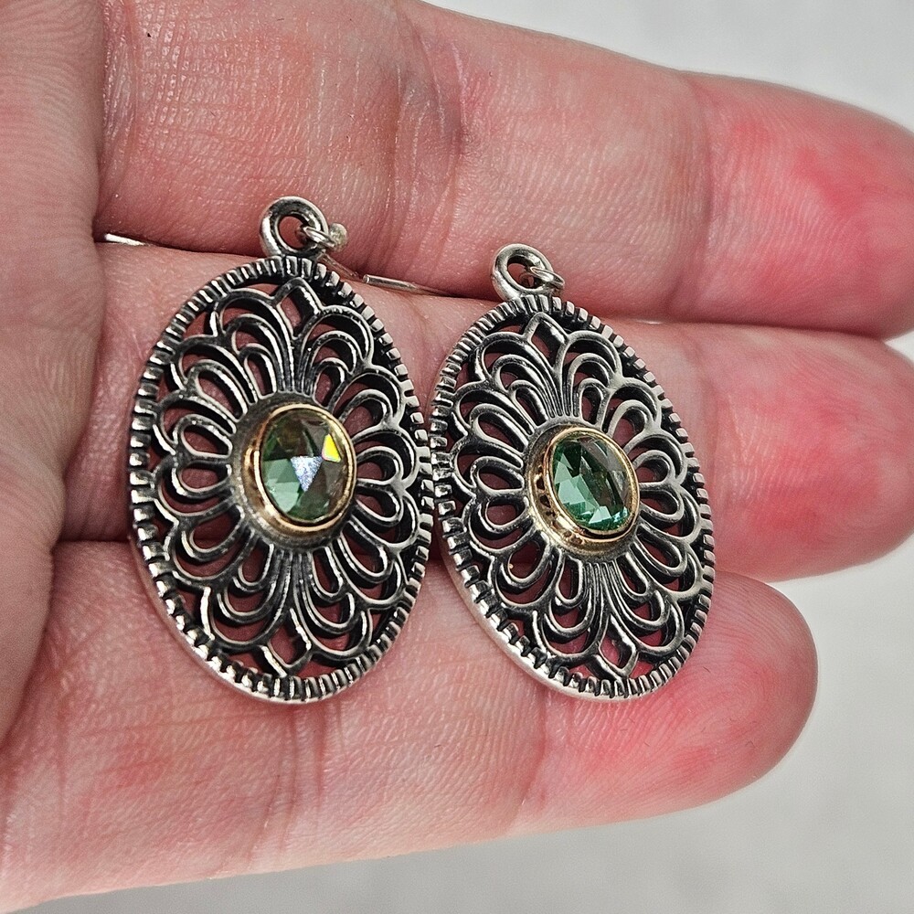925 Sterling Silver Pandora Allure Green Spinel Filigree Hook On Earrings