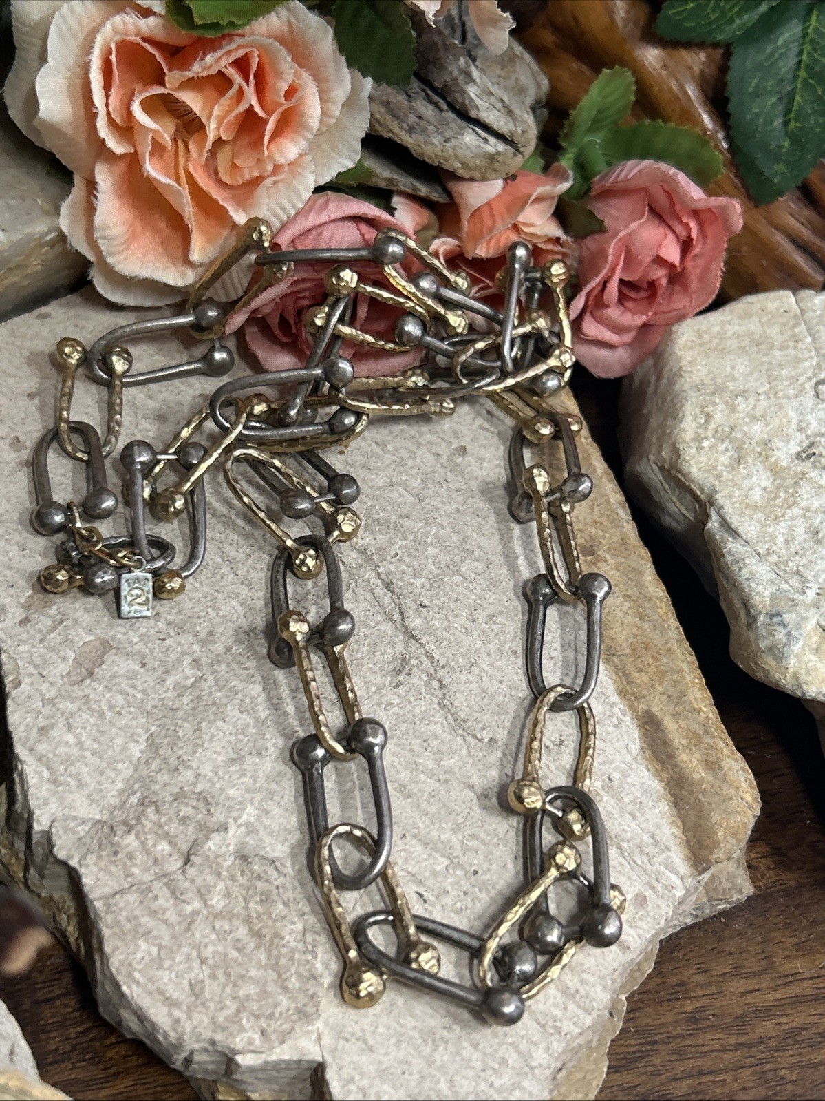 57. Tat 2 Gold Silver Plate Two Tone U Horse Shoe Link Chain Necklace 81.8g, 28″