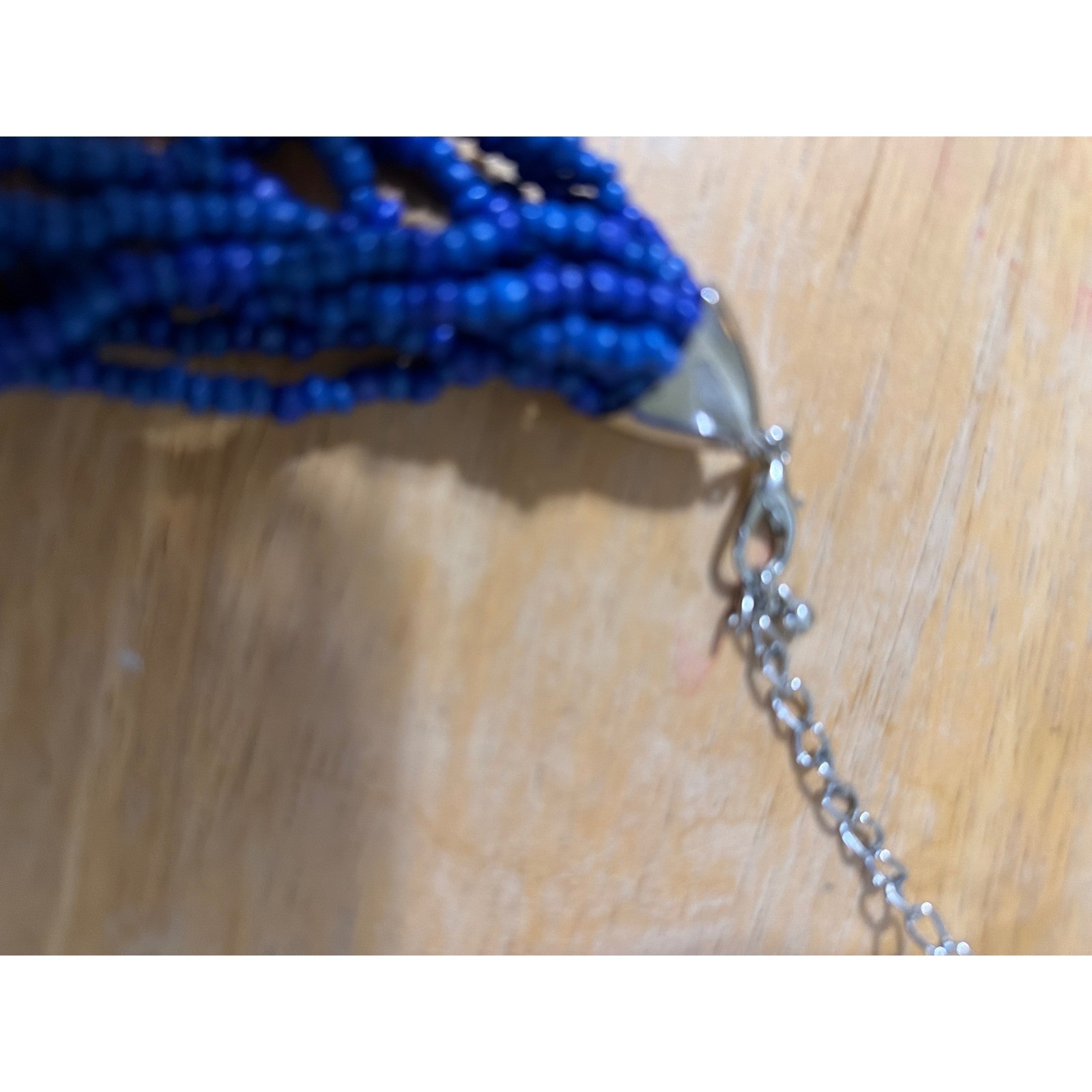 Cobalt Blue Multi Strand Seed Bead Statement Necklace Silver Tone Clasp