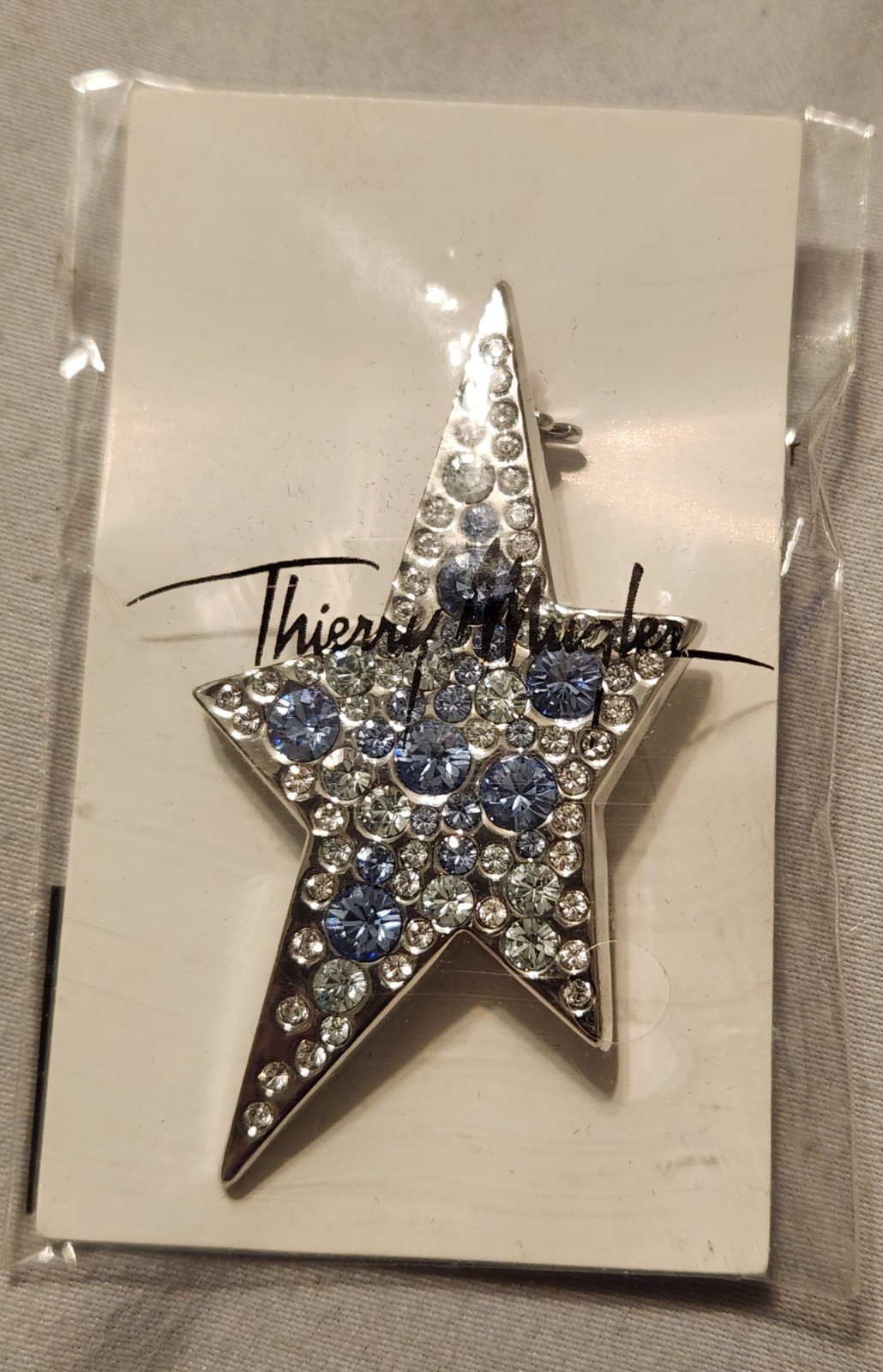 Rare Style New Thierry Mugler Star PIN Brooch Silver w/ Blue & White Crystals