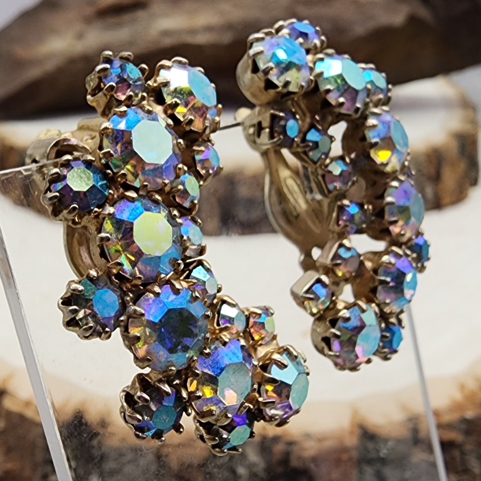 Weiss Aurora Borealis Rhinestone Iridescent 1.25″ Crescent Clip Earrings VTG