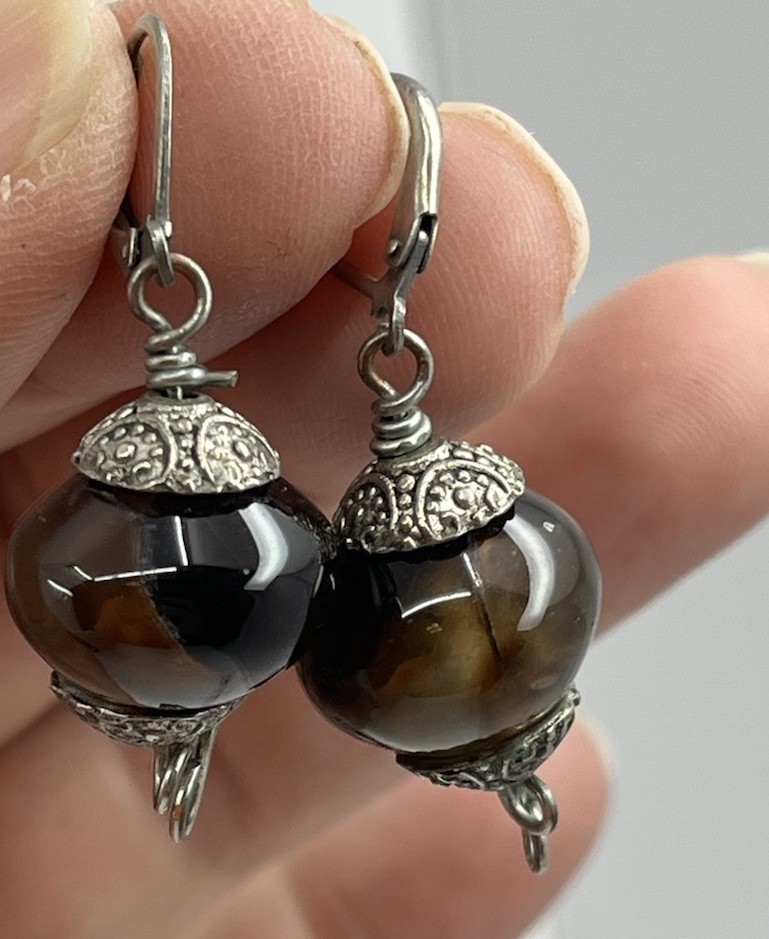Artisan Silvertone Tiger’s Eye Filigree Earrings Secure Hook 1.25”
