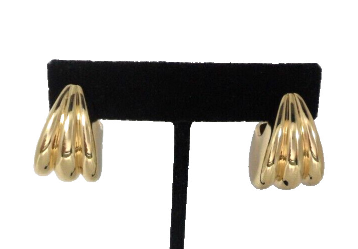 Vtg Chunky Shrimp Earrings Pacman Half Hoops 1980s Pierced Blocky Modernist 1″