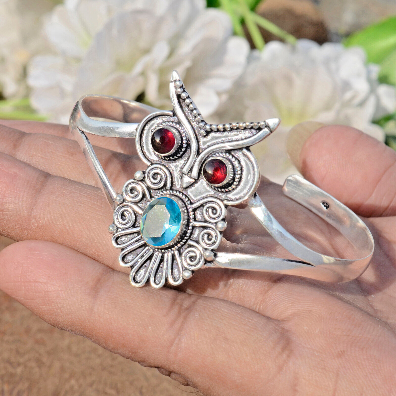 Blue Topaz & Garnet Gemstone 925 Sterling Silver Bracelet For Couple’s Jewelry