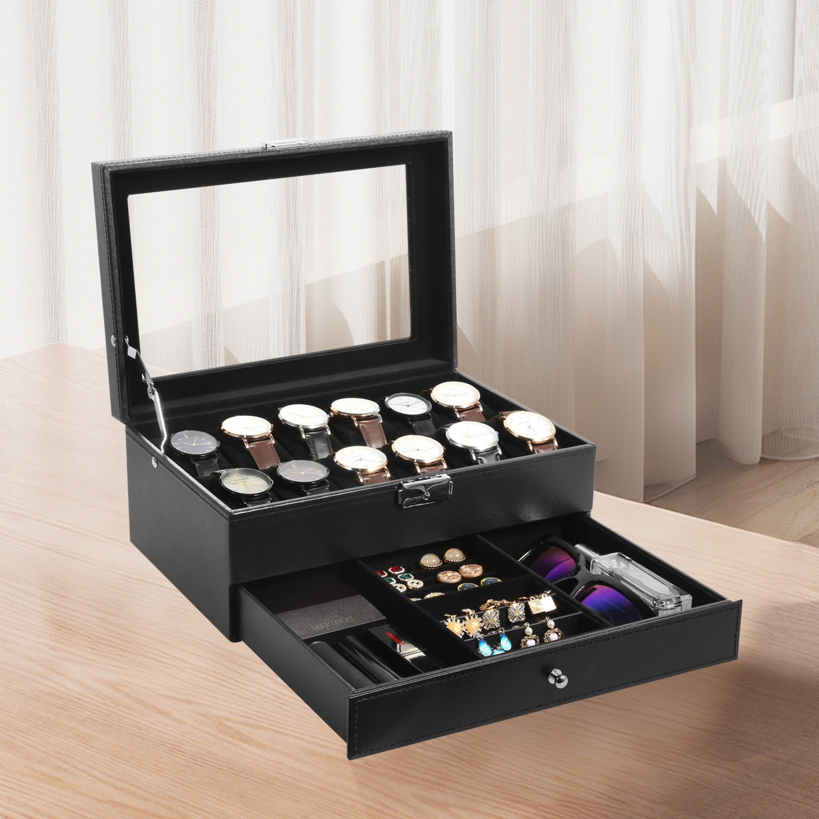 12 Slots Watch Box PU Leather Watch Case Lockable Jewelry Storage Display Case