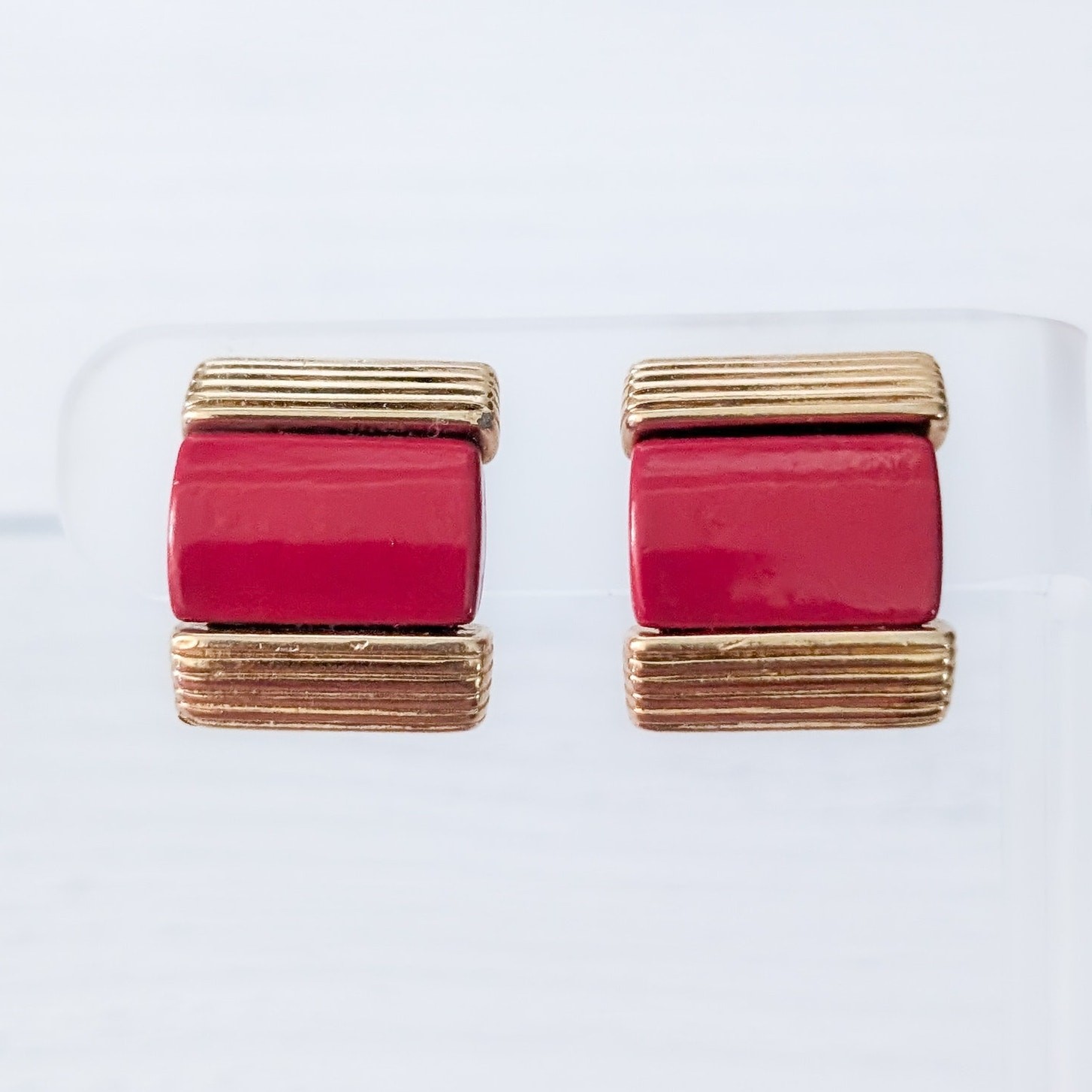 Vintage Nina Ricci Clip On Earrings Gold Tone & Red Statement 1980’s Earrings