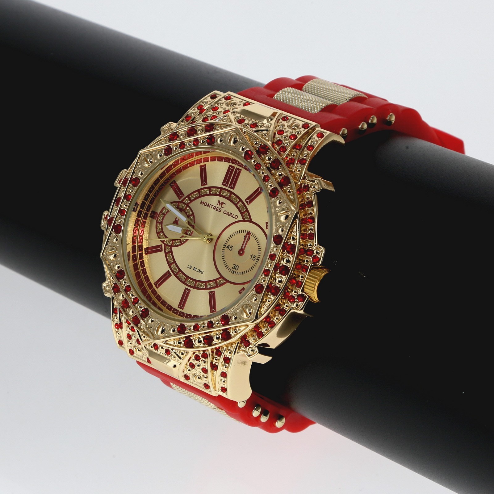 Montres Carlo Men’s Hip Hop rapper Red Stones Gold Finish Clubbing Luxury Watch
