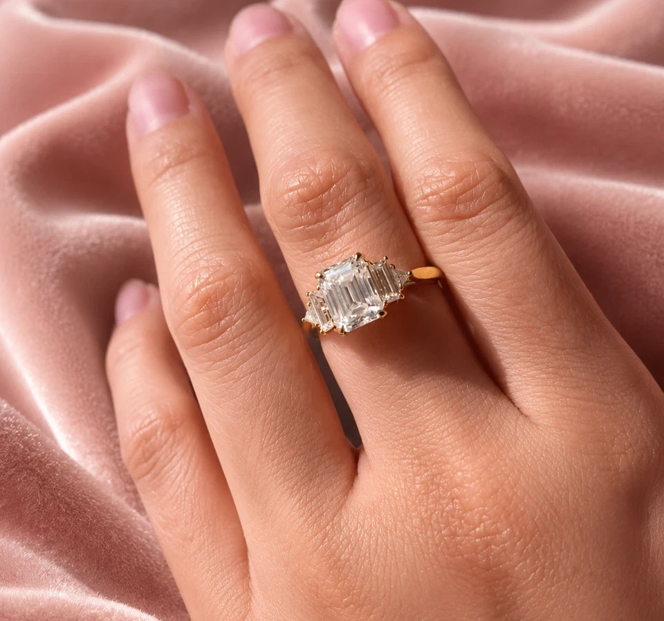 1.60 Ct Emerald Cut Lab Created Diamond Five Stone Ring 14K Yellow Gold Plated
