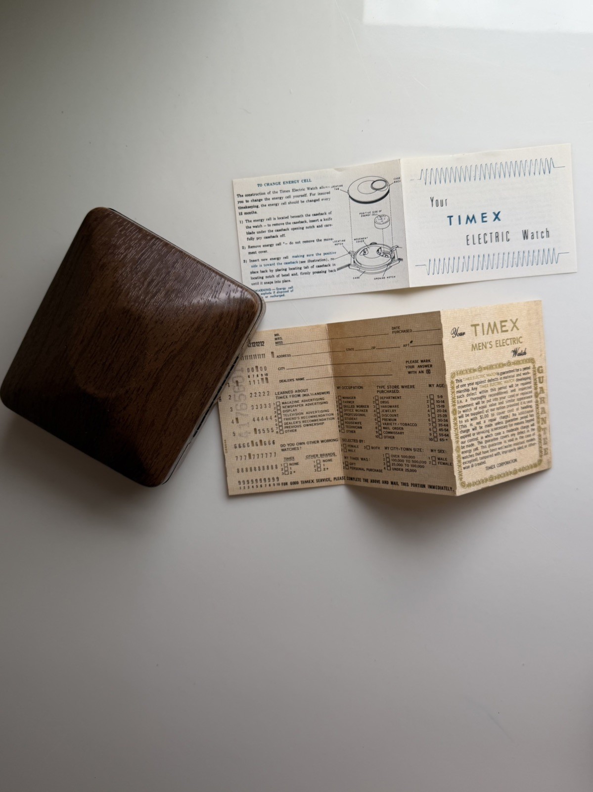 Vintage TIMEX Electric Watch Presentation Box Wood Grain Red Liner Papers Tag