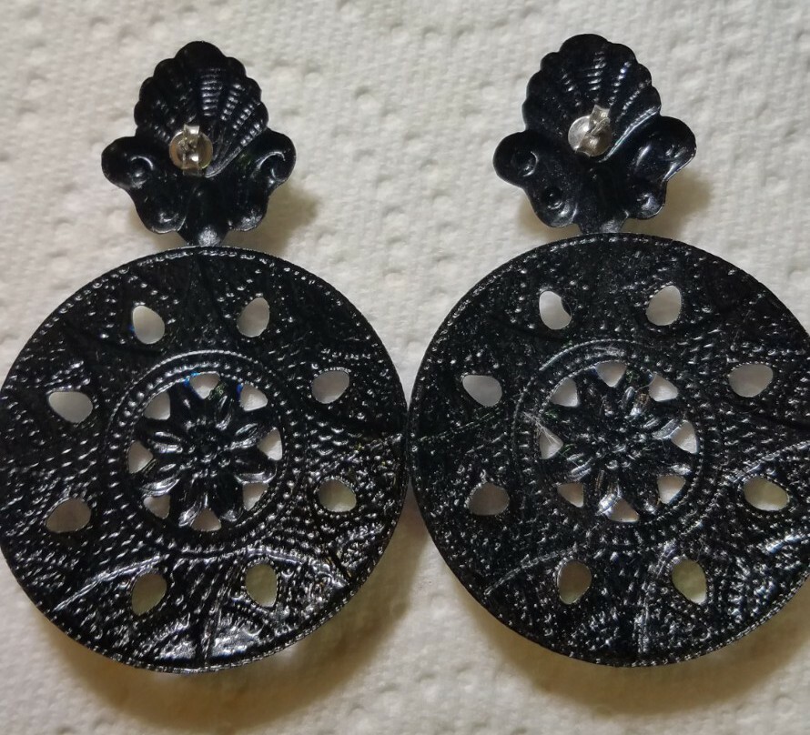 Stamped Metal Earrings Stud Type Blue and Gold