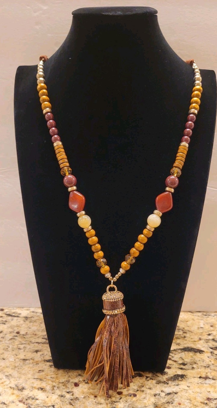 Fashion Beaded Pendant Chain Statement Tassel Necklace wood Rhinestone Brown Red