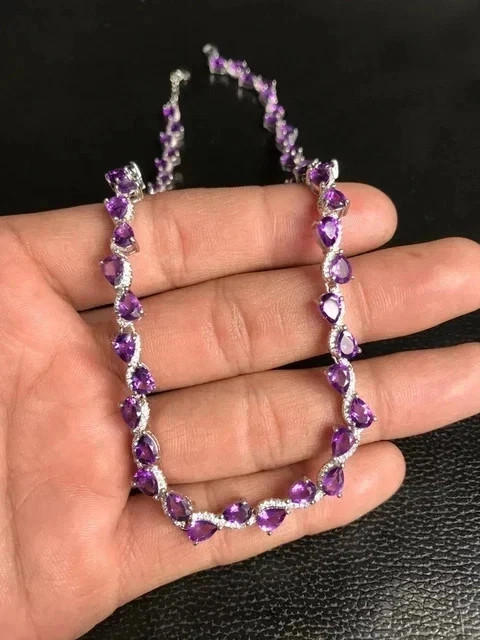 15CT Pear Cut Lab Created Amethyst Women’s Tennis Necklace 14K White Gold Plated