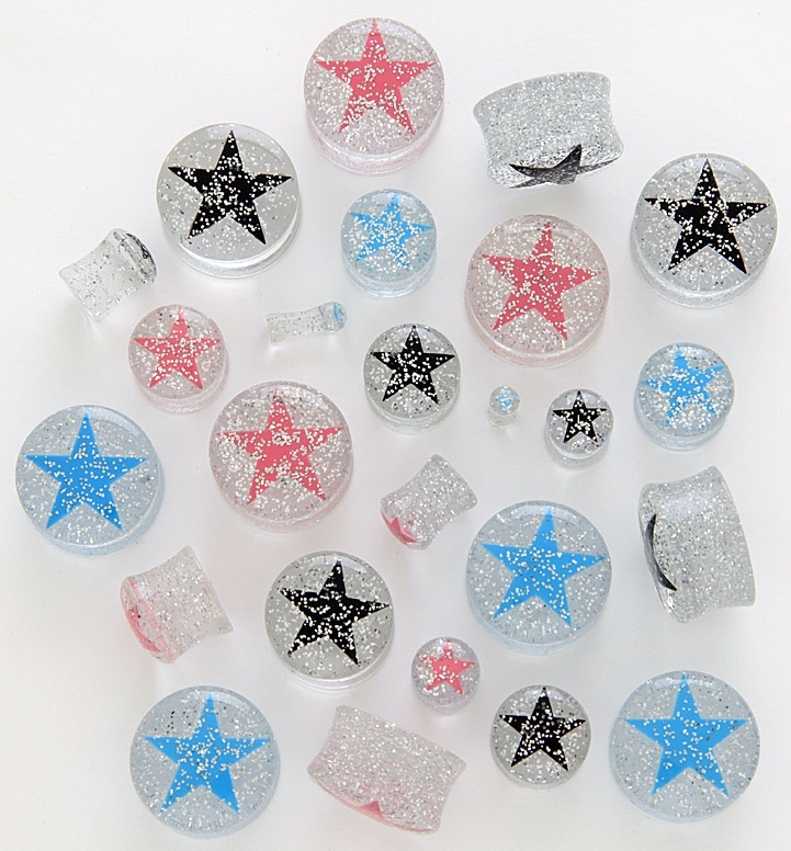 1 Pair 00g 10mm Clear Acrylic Glitter Black Star Saddle Plugs Ear Gauges Flared