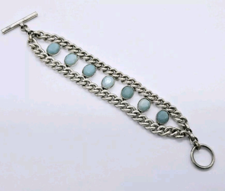 Kenneth Cole Modernist Link Bracelet Silver tone Toggle Turquoise Color Accent