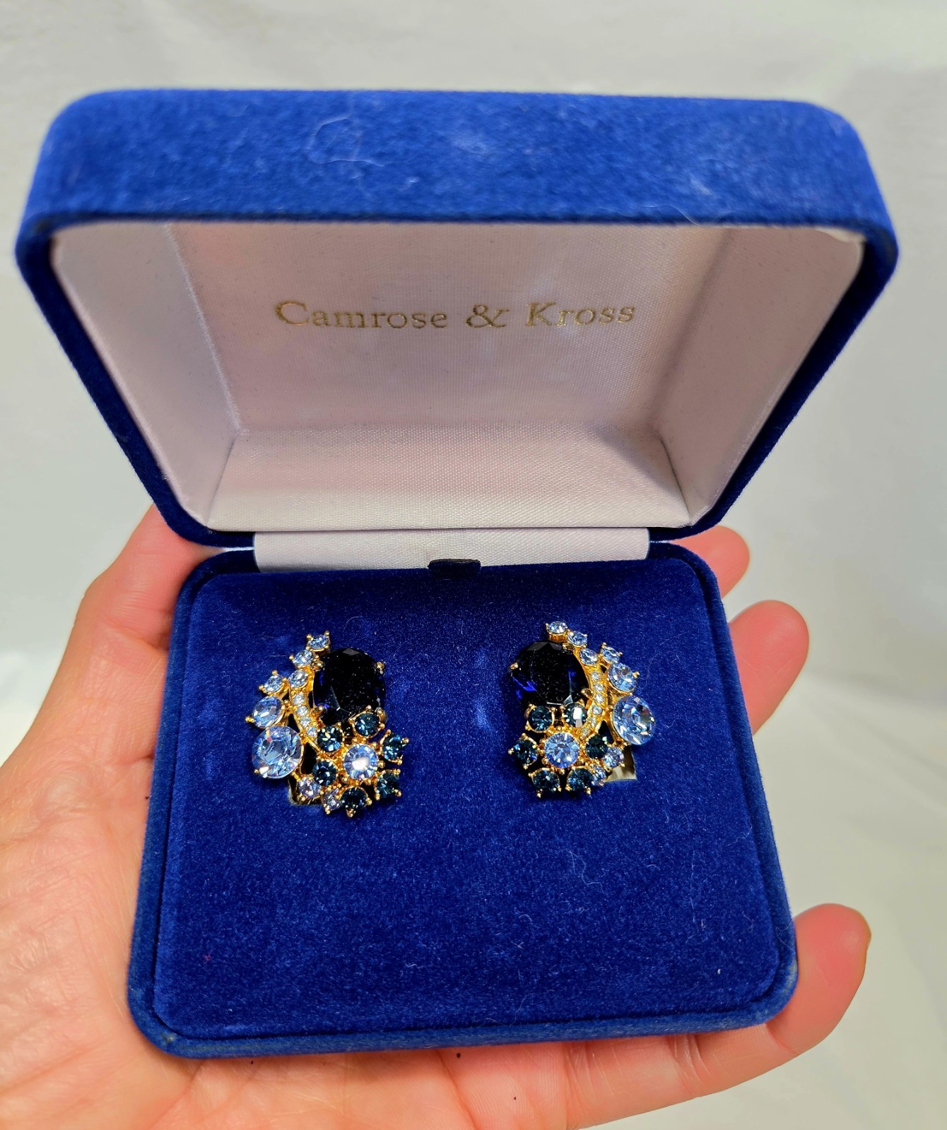 Vintage Jacqueline Kennedy Camrose & Kross French Blue Crystal Earrings Set Cert
