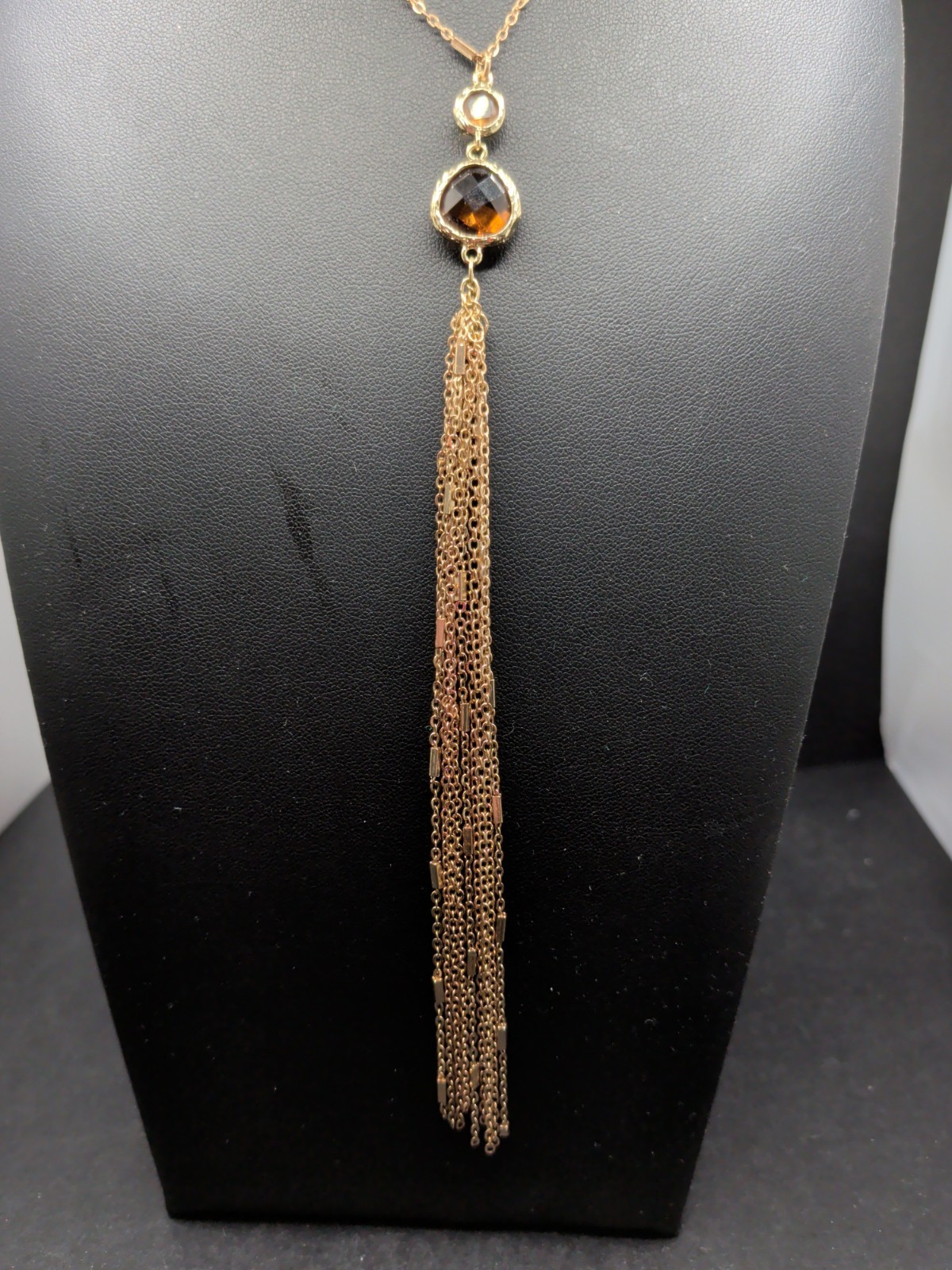 Long Gold Tassel Pendant Necklace Station Chain Bar Link Fringe Bezel Crystal