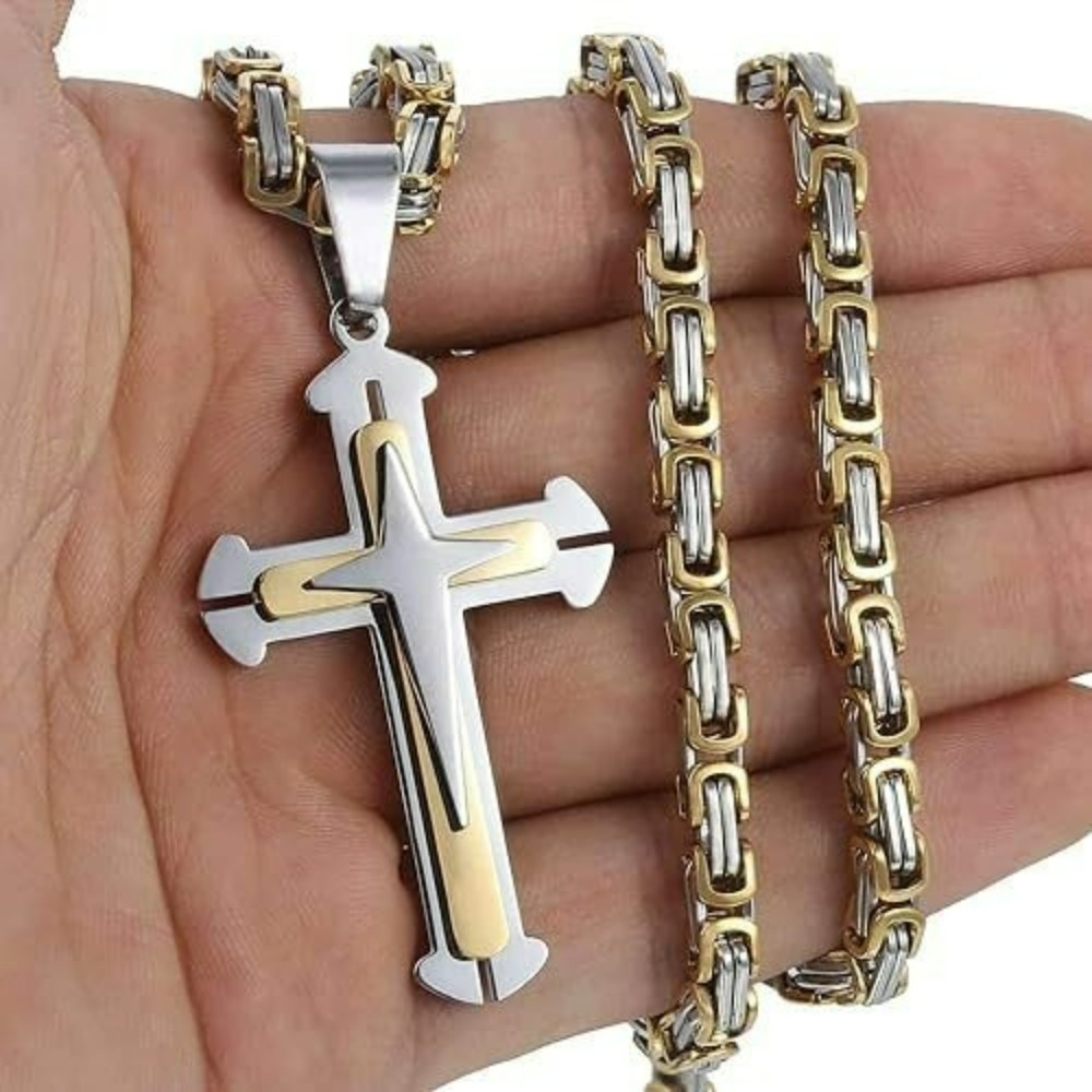 Men’s Heavy Solid Christian Cross Pendant Necklace Three Layer Stainless Steel