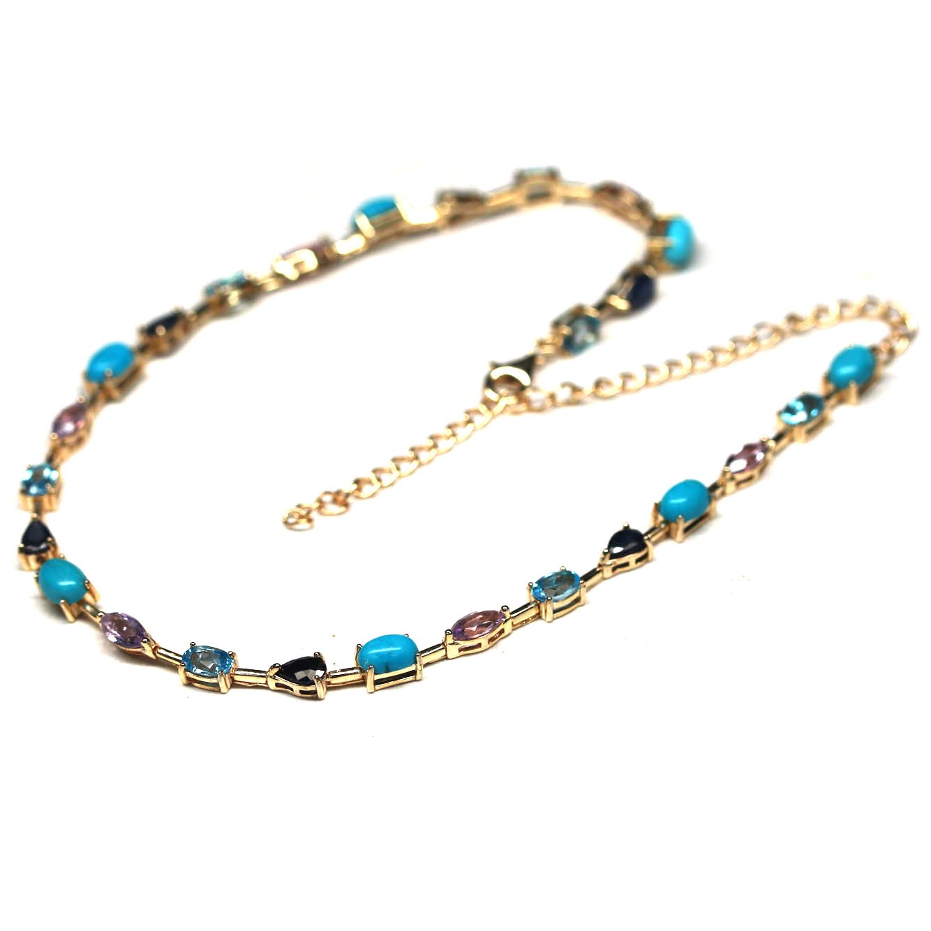 Natural Blue Turquoise Topaz Amethyst Sapphire Necklace 15 in Handmade