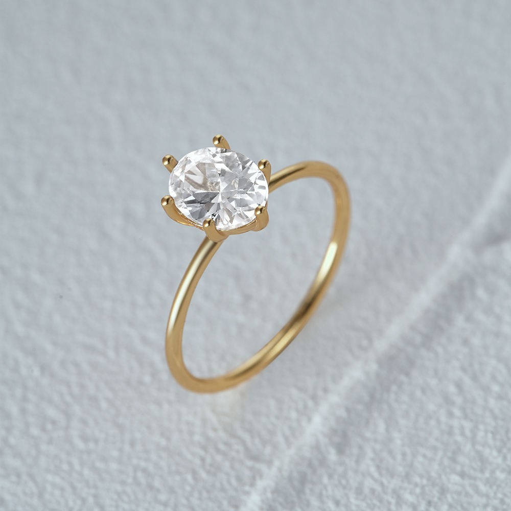 925 Sterling Silver Gold Oval White Moissanite Solitaire Engagement Promise Ring