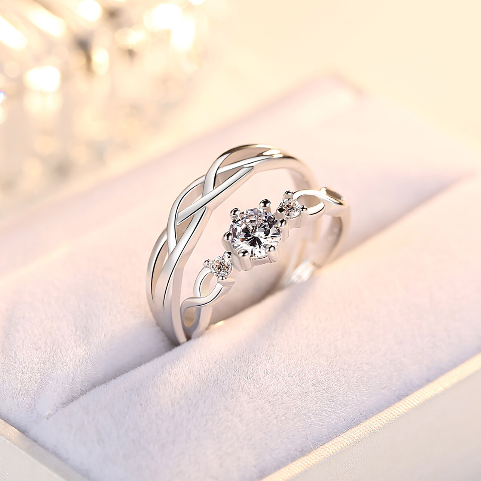 2pc Couple His&Hers Wedding Ring Engagement Promise Stainless Steel CZ Open Band